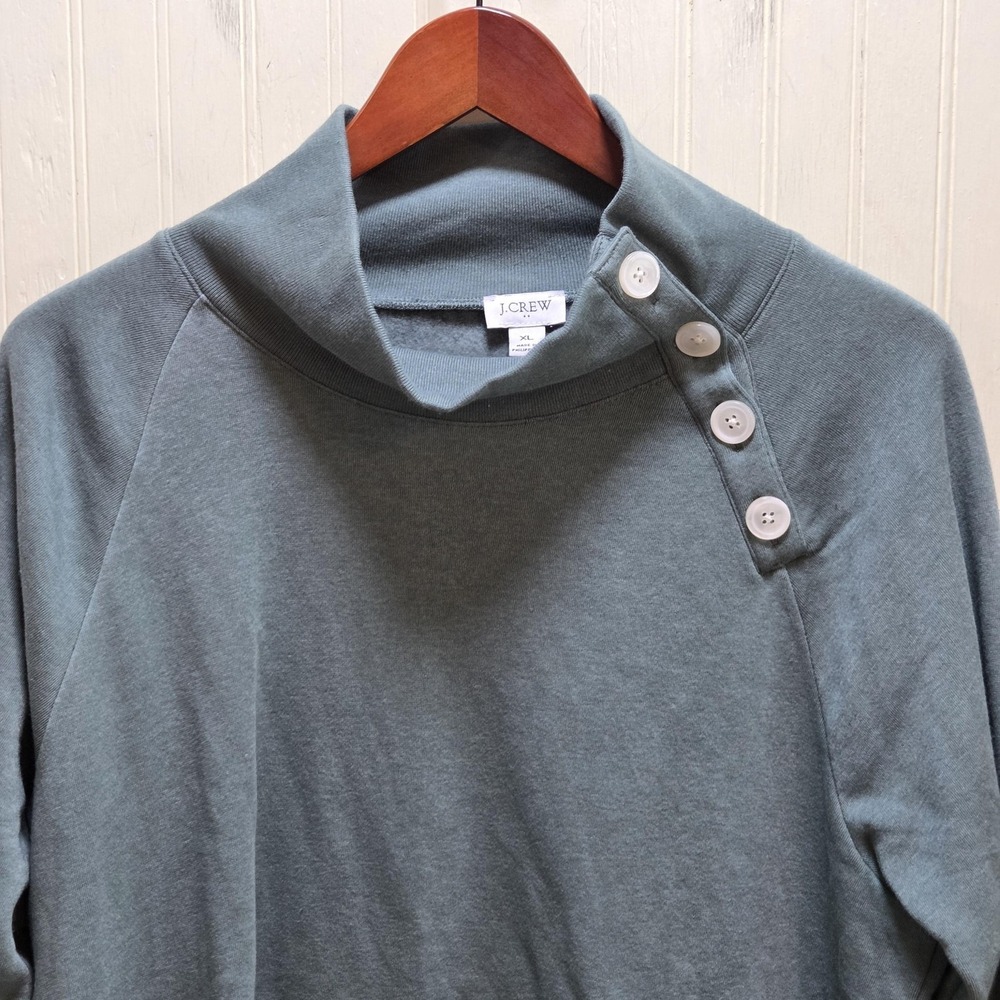 J.Crew Shirt Womens XL Green Mock Neck Long Raglan Sleeve Button Fleece Top